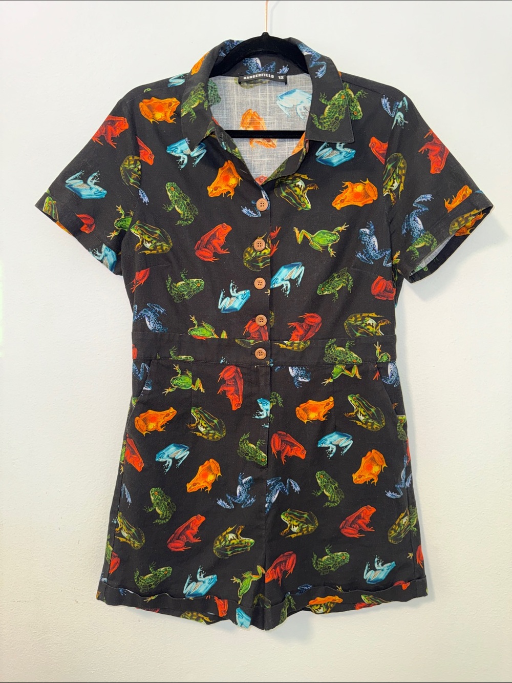 Dangerfield Romper Frog Print Short Sleeve - Black with Multi Color Frogs